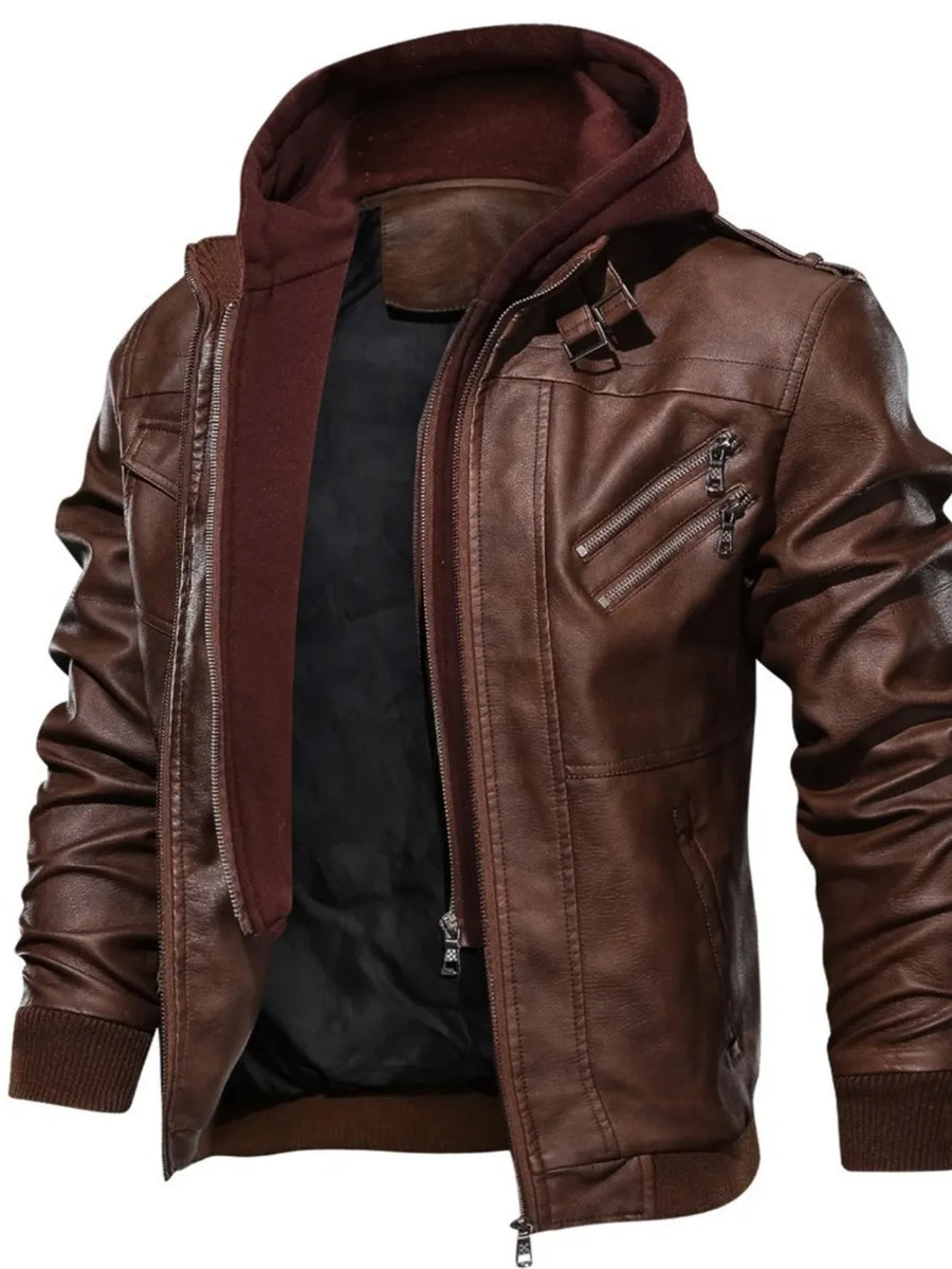 Men's Full Size Hooded Faux Leather Motorcycle Jacket in Brown