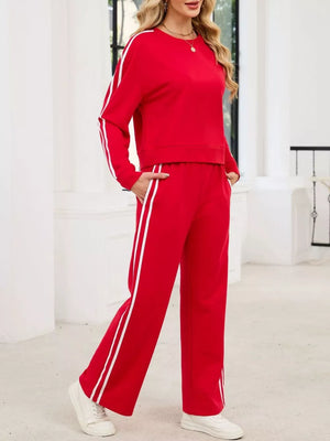 Striped Round Neck Sweatshirt And Pants Set in Black, view 14