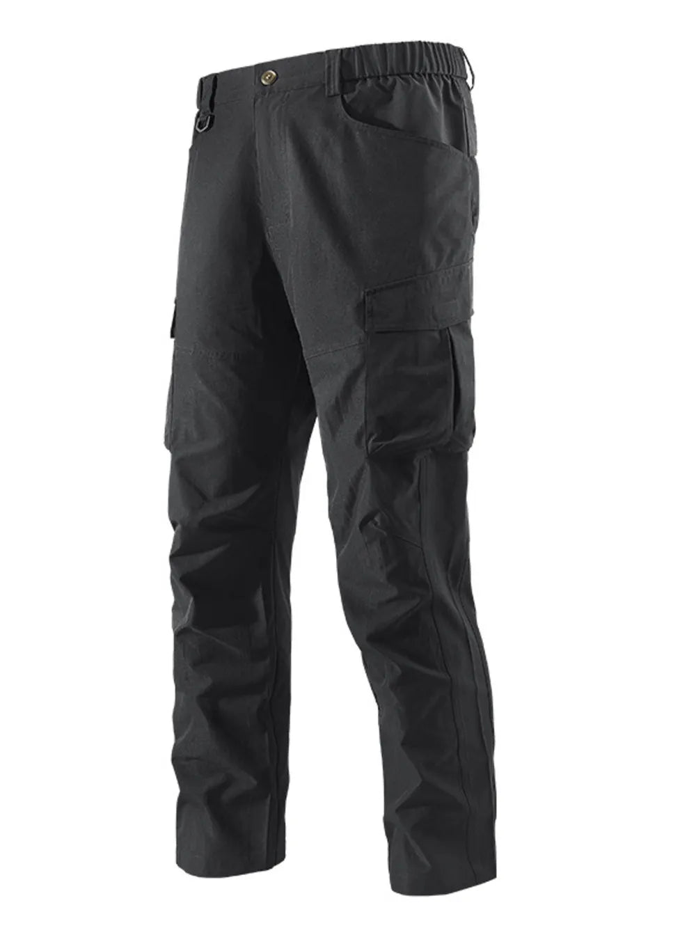 Black cargo pants with elastic waist and multiple pockets.