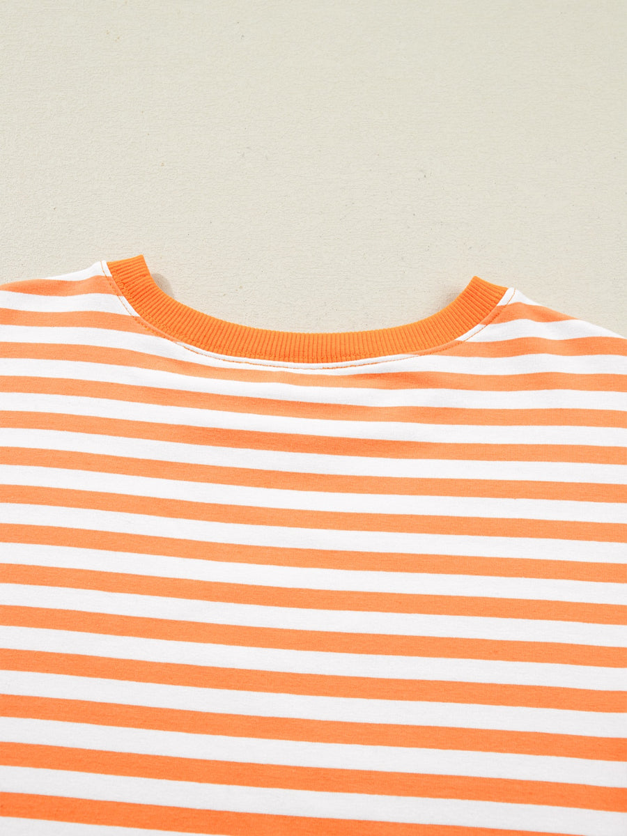 Oversized orange and white striped cotton t-shirt with crew neck
