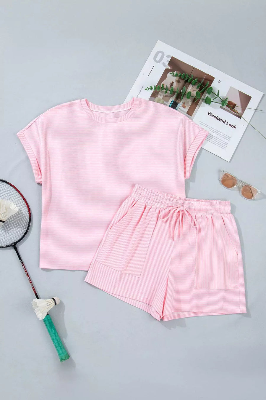 Pink striped cotton oversized tee and drawstring shorts loungewear set