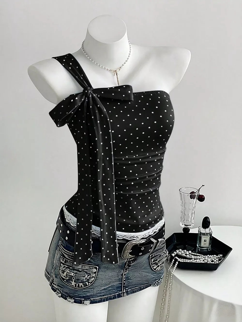 Black Polka Dot One-shoulder Cami