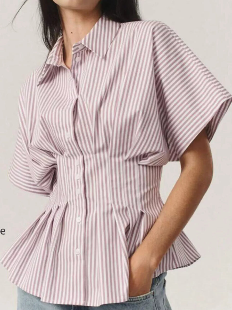 Maternity cinched waist shirt with pink and white stripes, button-down front, and dolman sleeves.