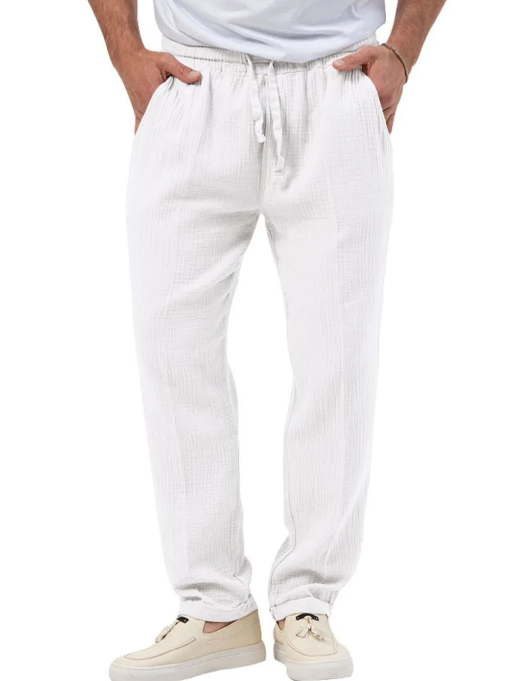 White textured drawstring linen blend trousers with adjustable waist