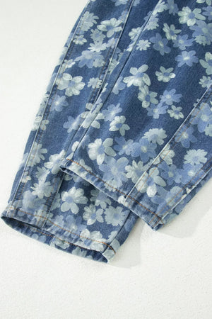 Blue floral cotton barrel jeans with pockets