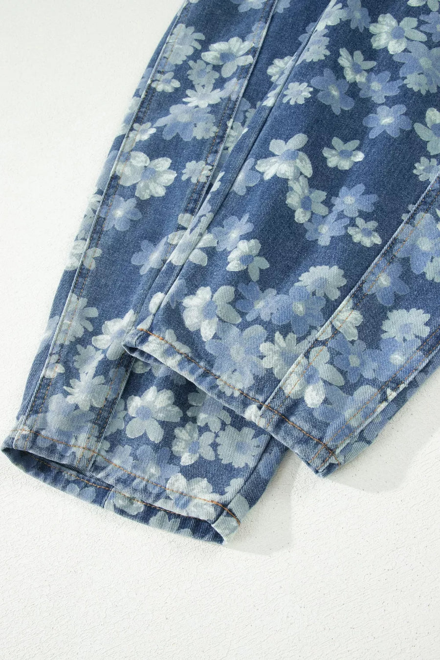 Blue floral cotton barrel jeans with pockets