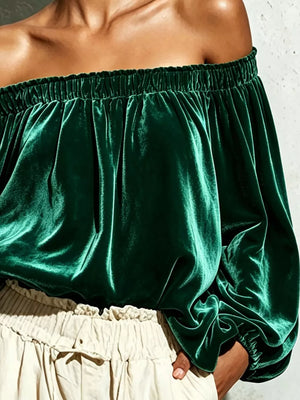 Off-shoulder Velvet Long Sleeve T-shirt in Dark Green with off-shoulder
