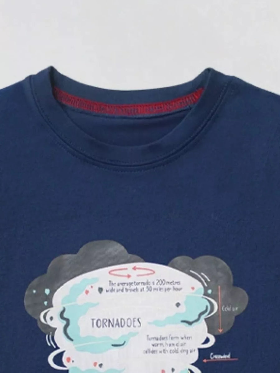 Navy blue t-shirt with a graphic print about tornadoes and red stitching on the collar.