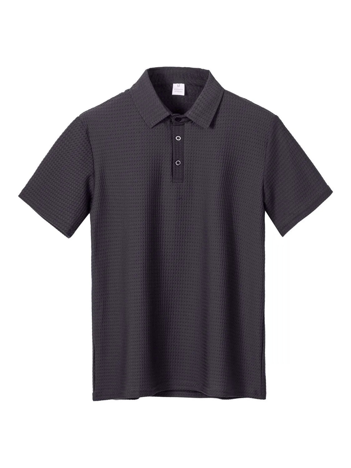 Dark Gray textured pique polo shirt with a refined collar and two-button placket.
