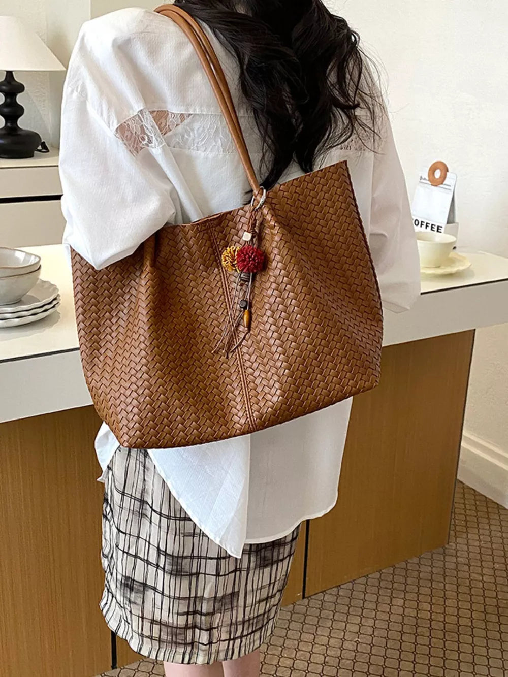 tote featuring woven in lime green with PU Leather Imported Size &amp texture