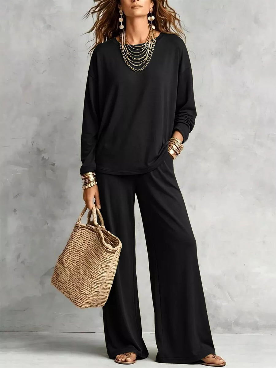 olive green relaxed two-piece set with round neck