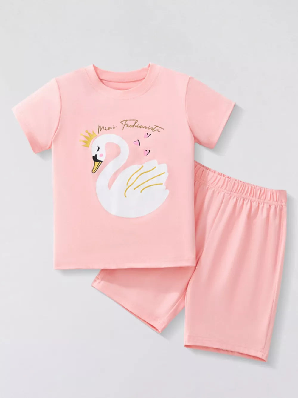 Blush pink toddler girls' pajama set with a charming swan graphic and crown detail on the tee.