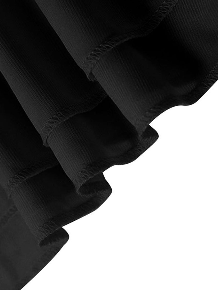Black ruffled mini dress with textured fabric and asymmetrical hem detail.