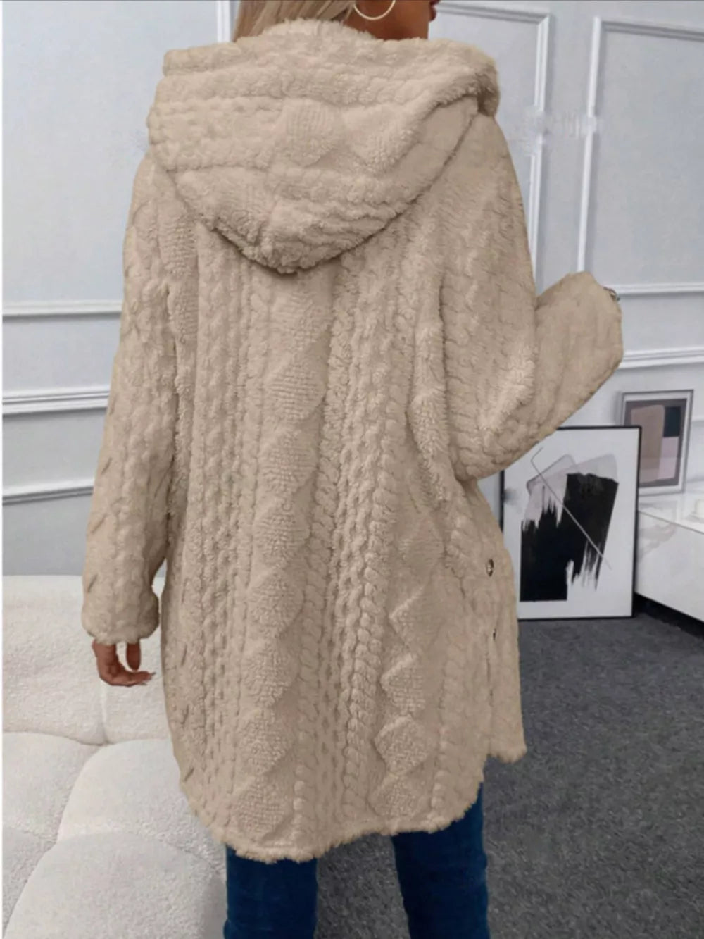 Cozy hooded fleece trench coat in Khaki with cable knit texture and button details.