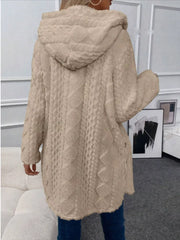 Cozy hooded fleece trench coat in Khaki with cable knit texture and button details.