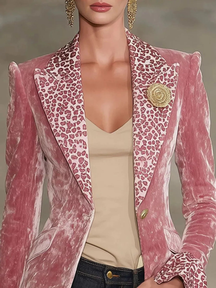 white blazer featuring lapel collar and leopard
