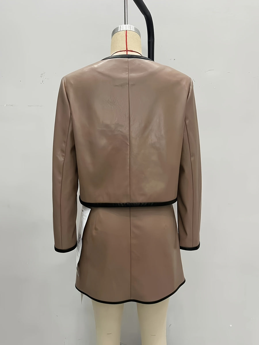 camel skirt set with contrast stitching and long sleeve