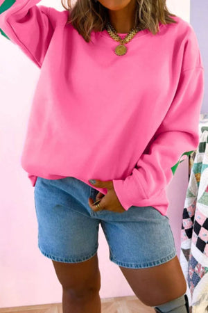 Hot Pink with Slogan Print Round Neck Long Sleeve Sweatshirt