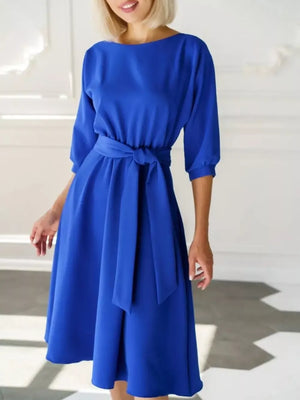 Elegant Belted Waist Midi Dress in Black, view 11