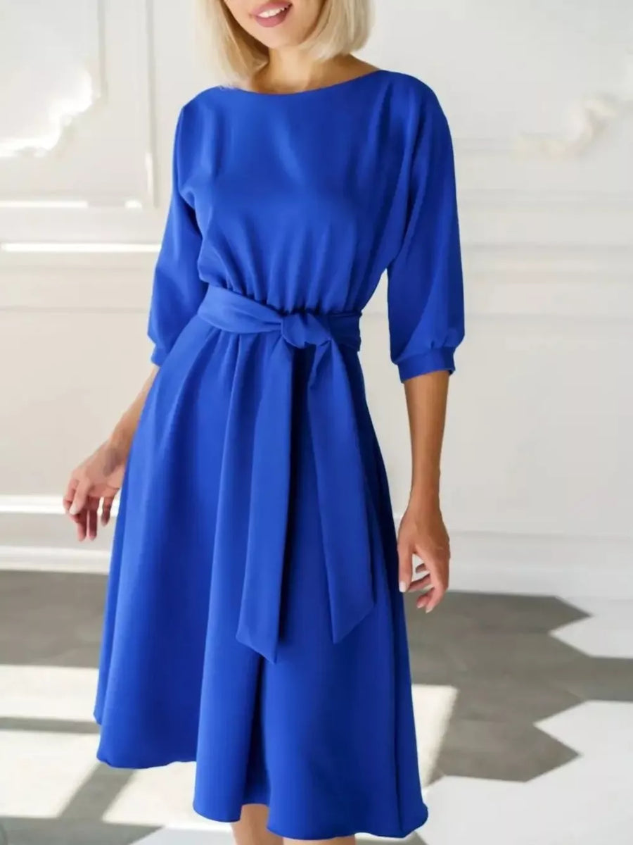 Elegant Belted Waist Midi Dress in Black, view 11