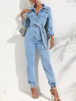 Button Front Belt Denim Jumpsuit option 3