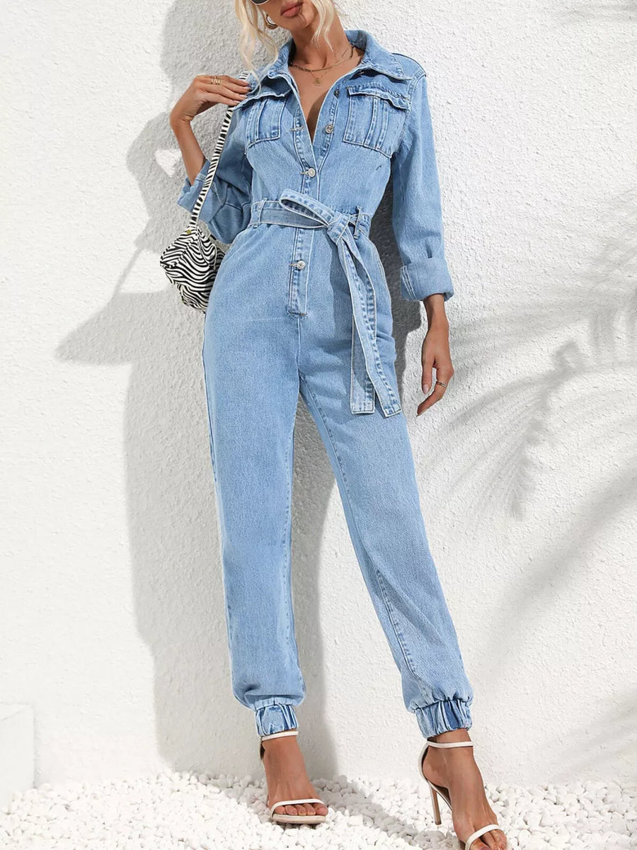 Button Front Belt Denim Jumpsuit option 3