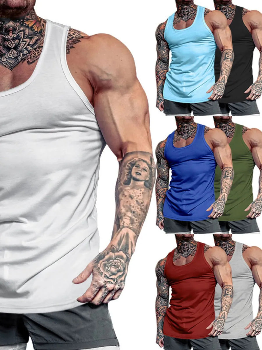 White scoop neck performance fit tank top with multiple color options shown.