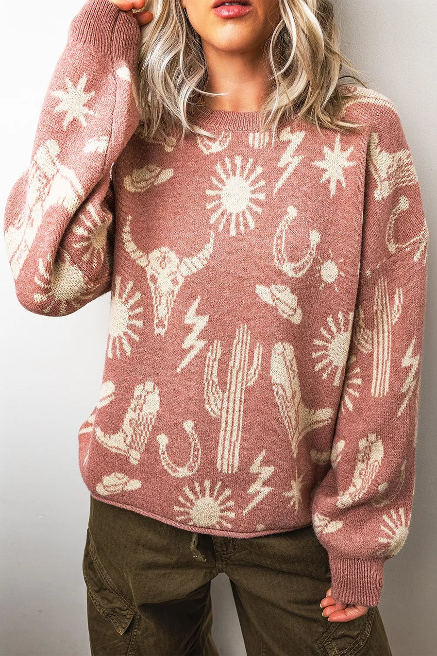 Western Graphic Round Neck Sweater in this colorway
