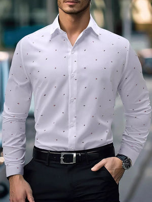 white button-up shirt with abstract print and collared