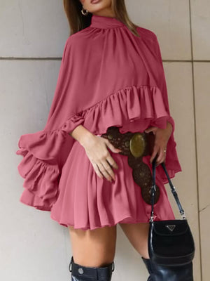 Elegant deep rose mini dress with ruffle trim, high neck, and bell sleeves.