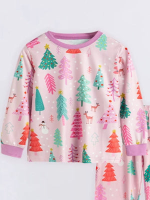 Baby girls' long sleeve pajama set in light yellow with a Christmas tree print.