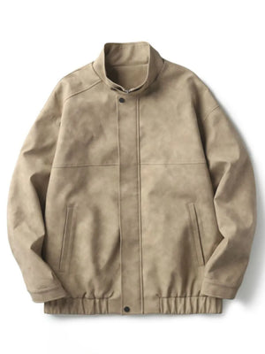 Distressed leather bomber jacket in khaki with stand collar and elastic cuffs.
