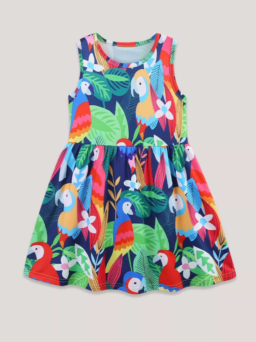 Baby A-line dress with vibrant parrot and tropical leaf print, sleeveless, round neck, cotton blend.