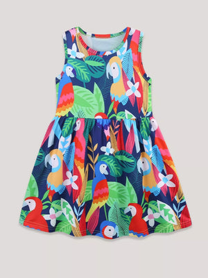 Baby A-line dress with vibrant parrot and tropical leaf print, sleeveless, round neck, cotton blend.
