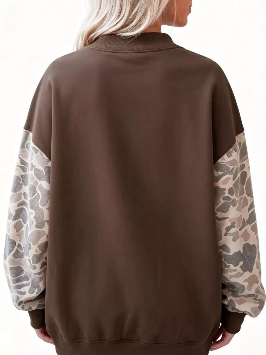tan sweatshirt featuring stretch and camo
