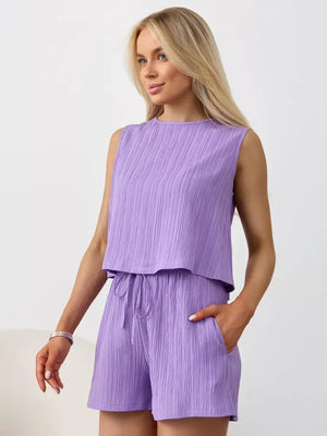Purple textured cotton tank and shorts set with drawstring waist