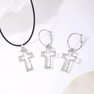 Silver cross pendant necklace and hoop earrings set with textured detail