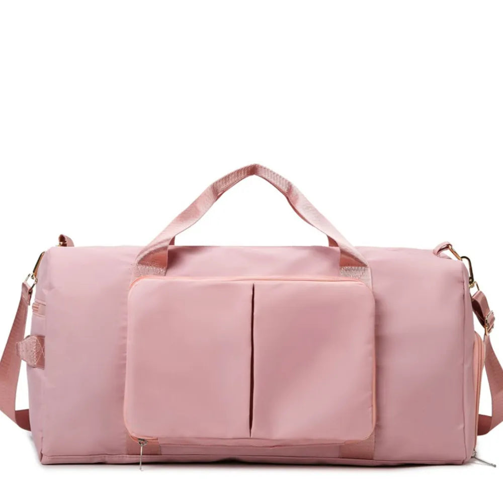 Pale Blush duffel bag with front pockets and adjustable strap