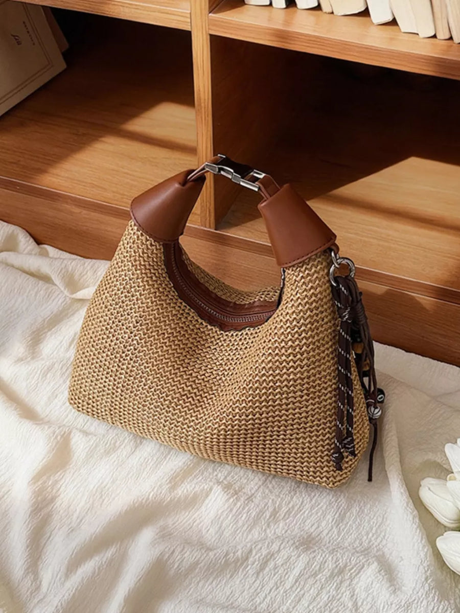 Brown with Woven Straw Crossbody Bag in Brown