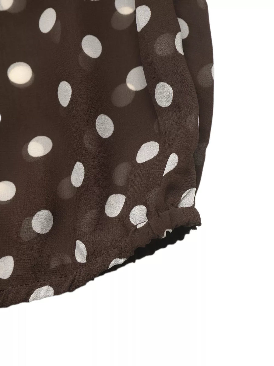 Polka Dot Mock Neck Long Sleeve Blouse in Coffee Brown