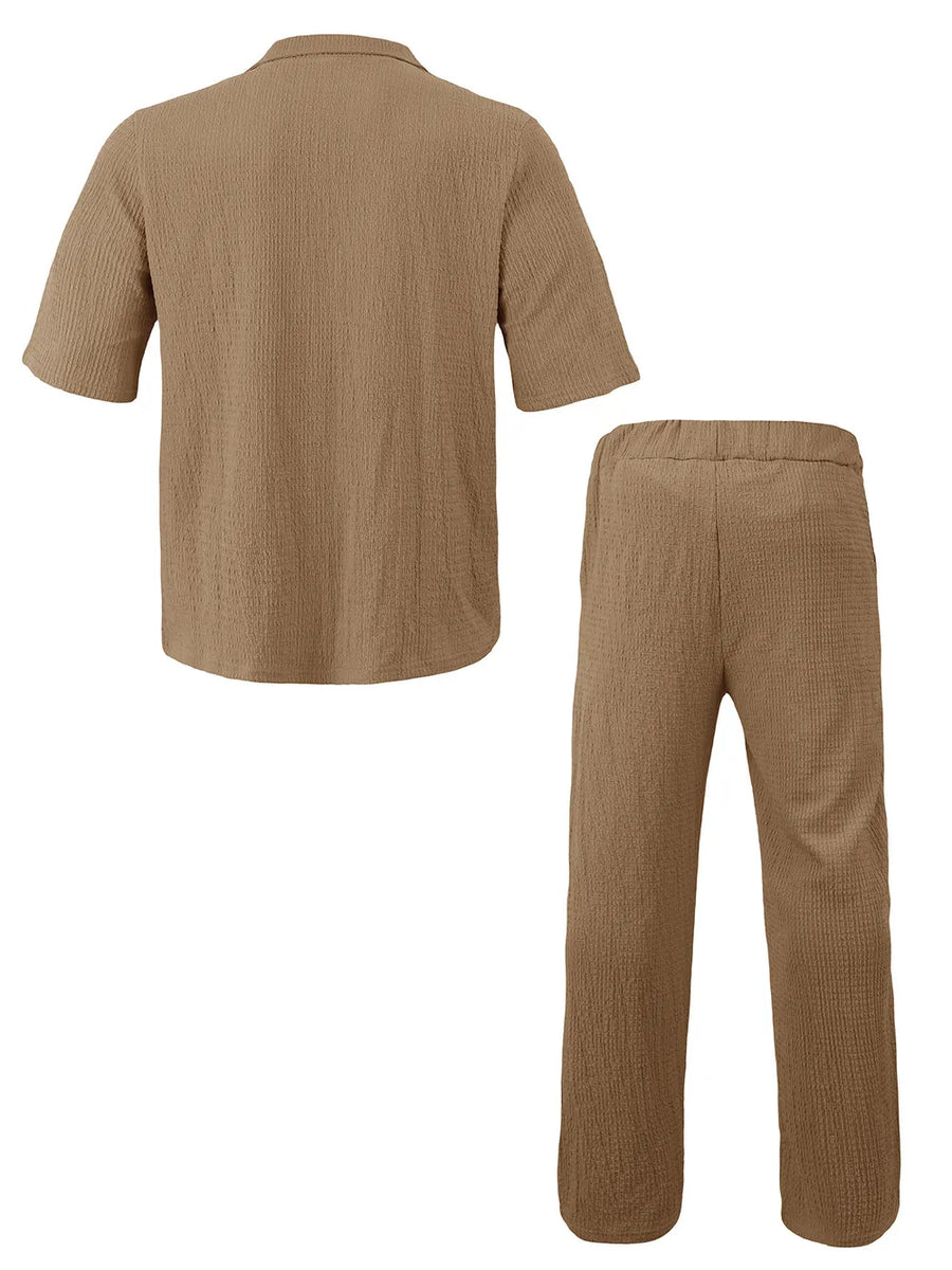 Brown textured short sleeve collared shirt and elastic waist pants set