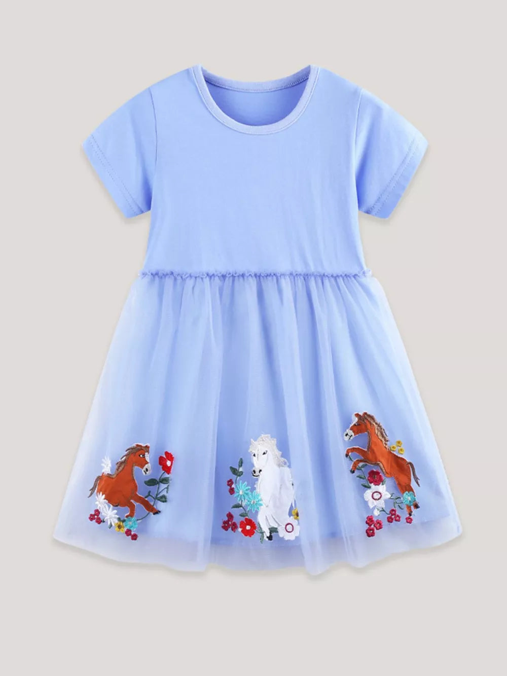 Light blue tulle dress with horse and flower embroidery, short sleeves, round neck.