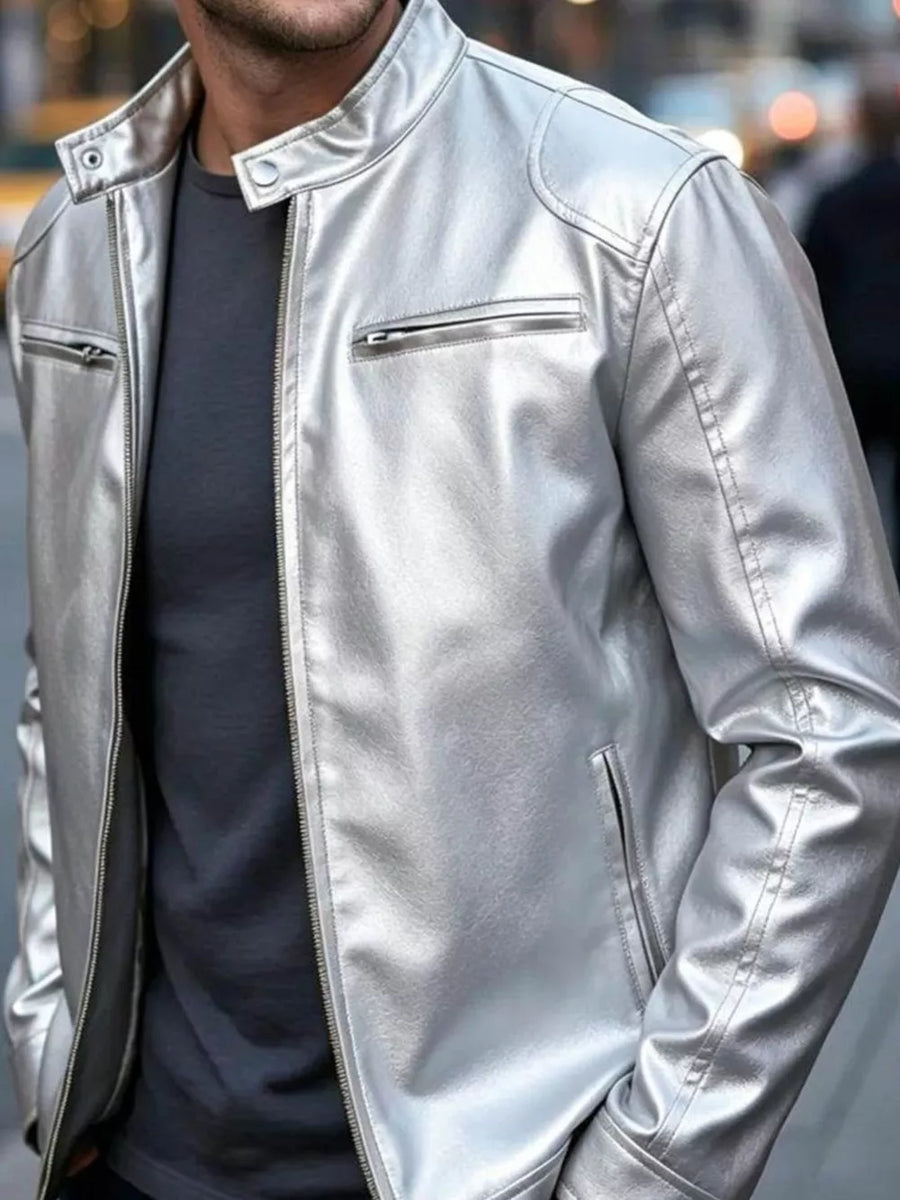 Silver Men's Full Size Faux Leather Bomber Jacket
