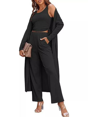Wine Red Round Neck Tank Cardigan Pants Set