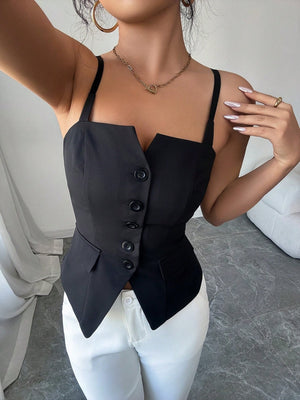 Black V-cut cami top with button front and structured lapel details.