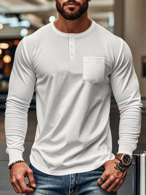 White long sleeve henley t-shirt with button placket and chest pocket.
