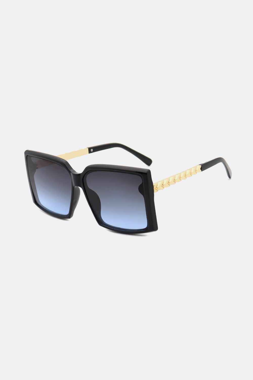 Black square sunglasses with gradient blue lenses and gold geometric temple detail.