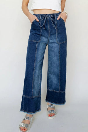 Drawstring Raw Hem Wide Leg Denim Pants