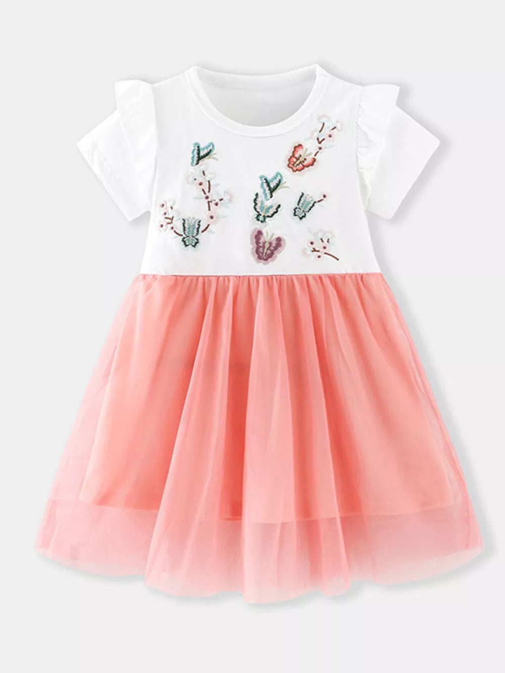 White baby dress with embroidered butterflies and pink tulle skirt