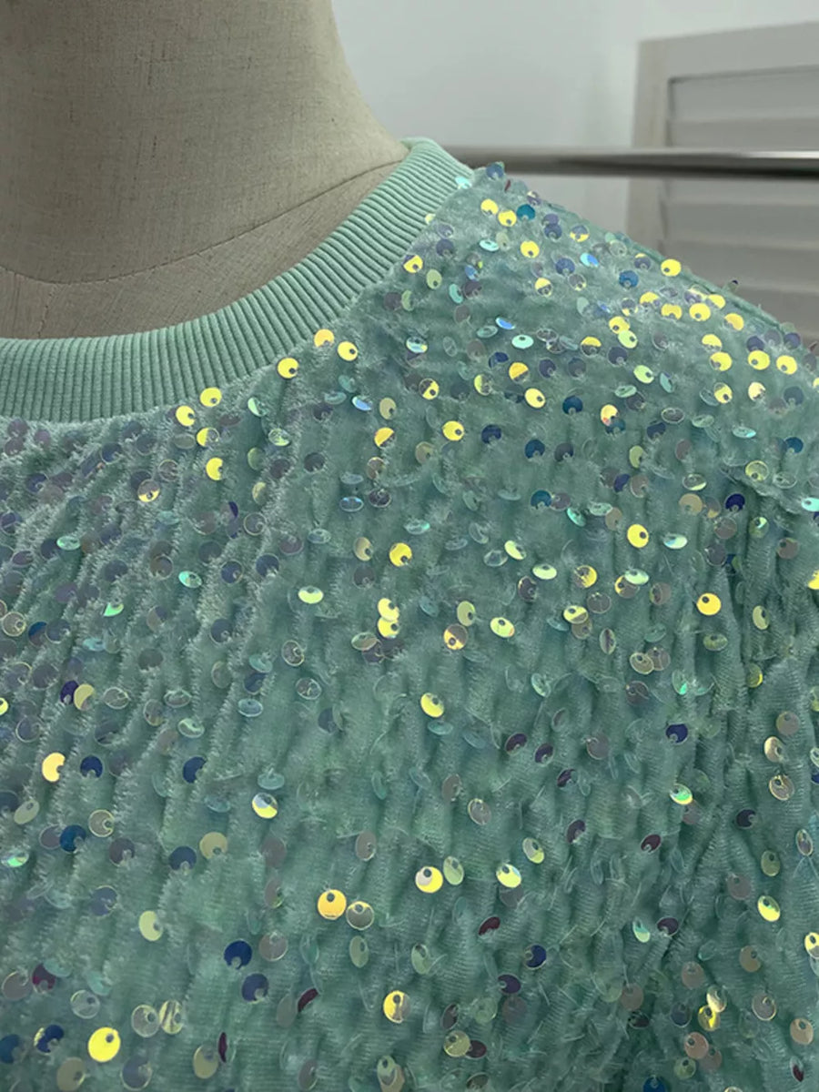 Green crew neck t-shirt with iridescent sequin embellishments and textured fabric.